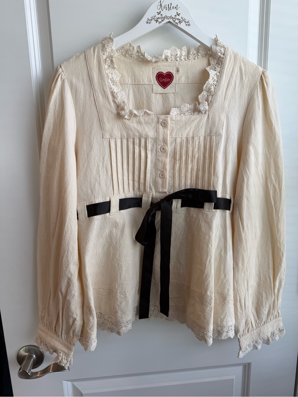 LovLov Cotton Linen Coquette Blouse Ribbon Waist Vintage Style Cottagecore Large